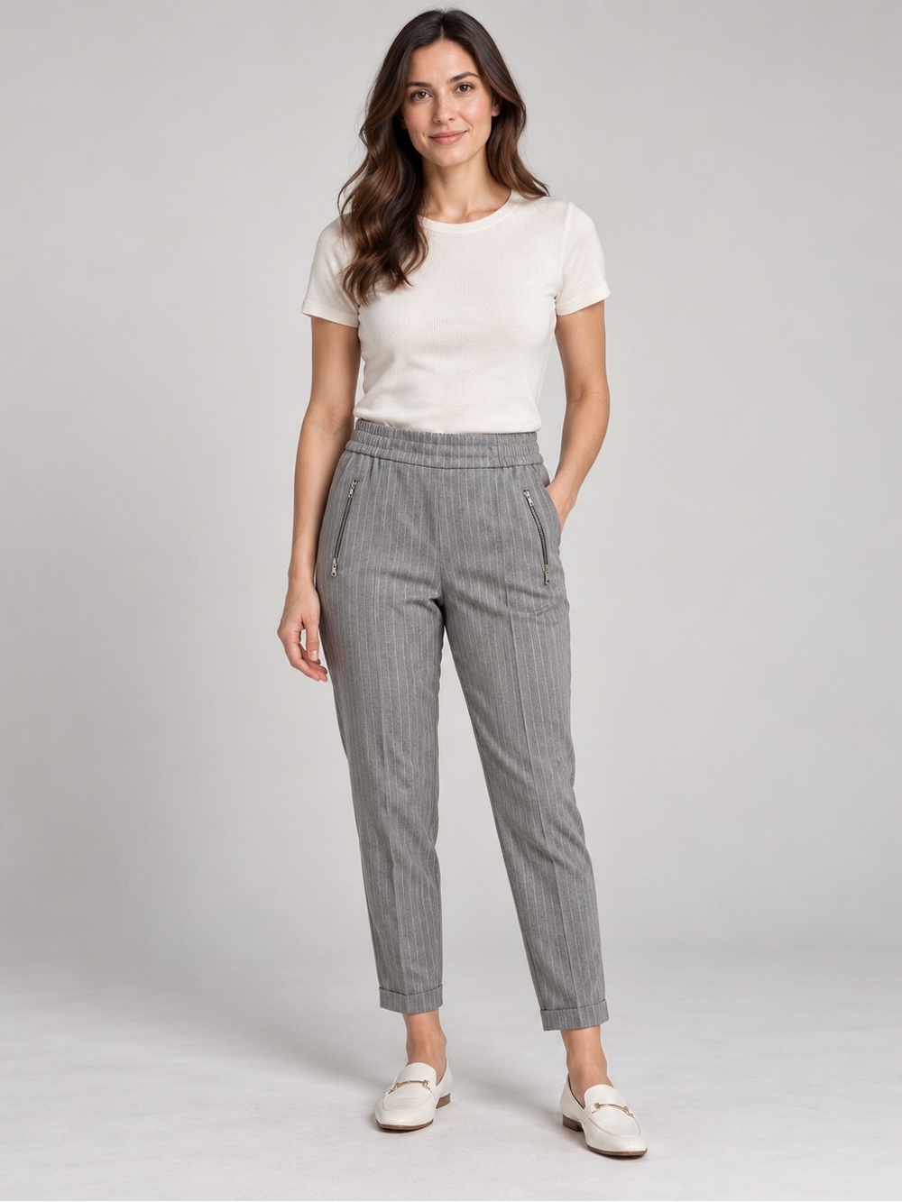 Hugo Boss Women’s Gray & White Pinstripe Pull-Up Tapered Trousers. Business Chic